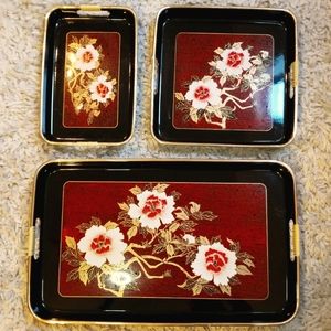 Japanese Vintage Black Laquer Flower Serving Trays